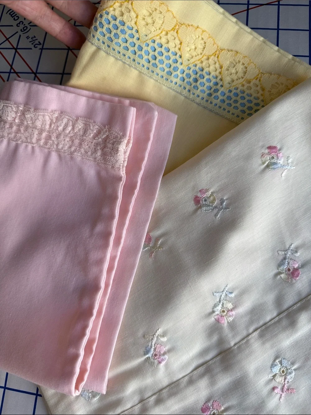 Lot 3 Vintage Pillowcases Embroidered Floral Pink Yellow Lace Cottage